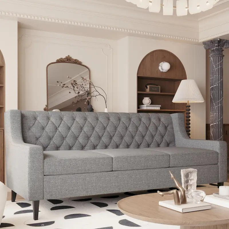 78.75" 3-Seater Fabric Sofa with Tufted Back – Grey