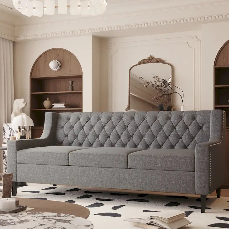 78.75" 3-Seater Fabric Sofa with Tufted Back – Grey