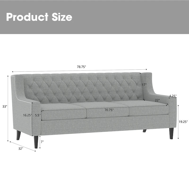 78.75" 3-Seater Fabric Sofa with Tufted Back – Grey