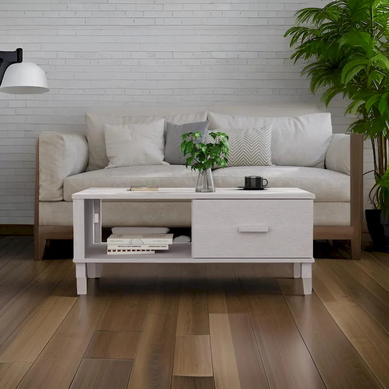 Couchtisch, rechteckig, Schublade, weißes Massivholz Kiefer