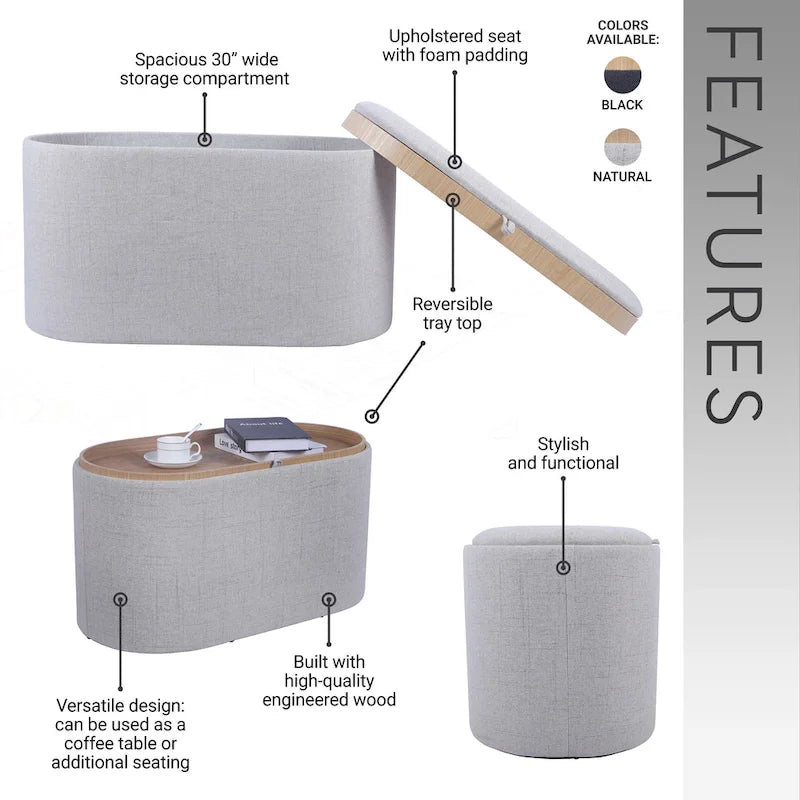 Reversible Storage Ottoman, 30" Wide