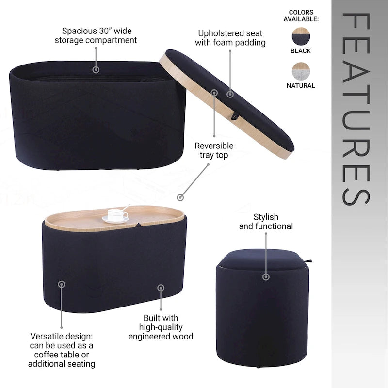 Reversible Storage Ottoman, 30" Wide