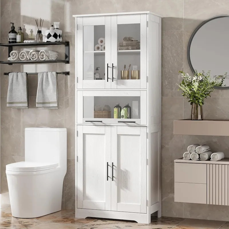 Hoher Badezimmerschrank, Wäscheschrank mit Türen und verstellbaren Einlegeböden und Schublade