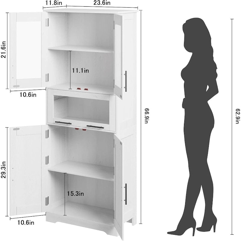 Hoher Badezimmerschrank, Wäscheschrank mit Türen und verstellbaren Einlegeböden und Schublade