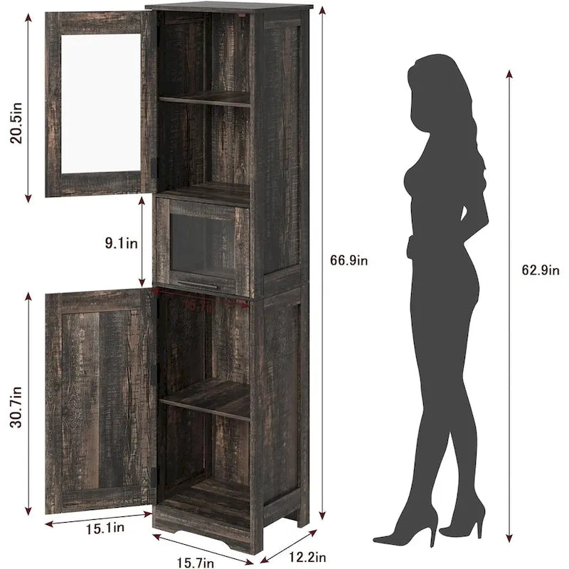 Hoher Badezimmerschrank, Wäscheschrank mit Türen und verstellbaren Einlegeböden und Schublade