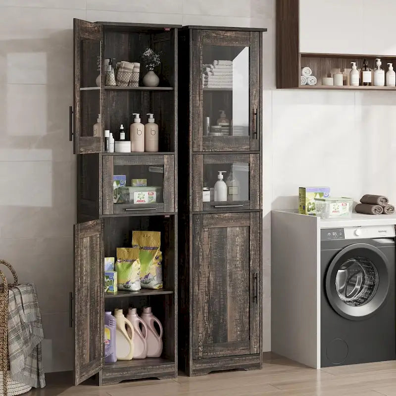 Hoher Badezimmerschrank, Wäscheschrank mit Türen und verstellbaren Einlegeböden und Schublade