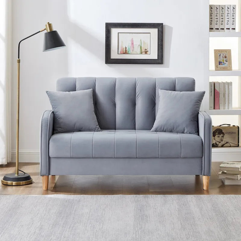 Modernes Design Sofa für das Wohnzimmer, kleiner Zweisitzer, glatter Samtbezug, getuftet, Beige