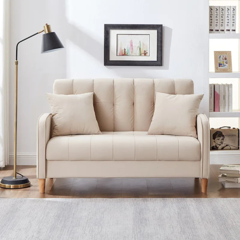 Modernes Design Sofa für das Wohnzimmer, kleiner Zweisitzer, glatter Samtbezug, getuftet, Beige