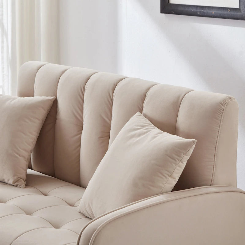 Modernes Design Sofa für das Wohnzimmer, kleiner Zweisitzer, glatter Samtbezug, getuftet, Beige