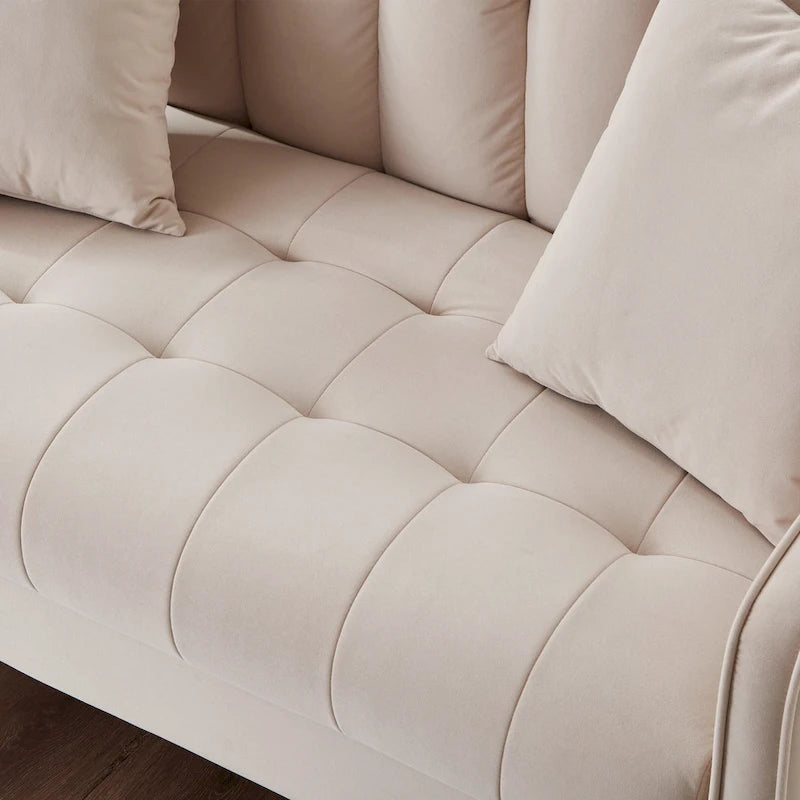 Modernes Design Sofa für das Wohnzimmer, kleiner Zweisitzer, glatter Samtbezug, getuftet, Beige