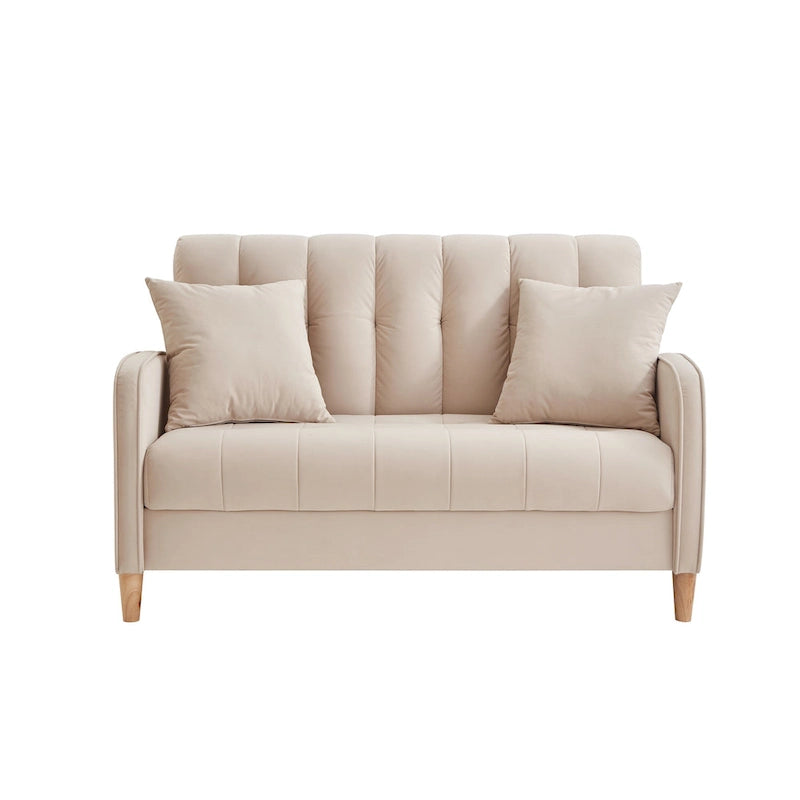 Modernes Design Sofa für das Wohnzimmer, kleiner Zweisitzer, glatter Samtbezug, getuftet, Beige