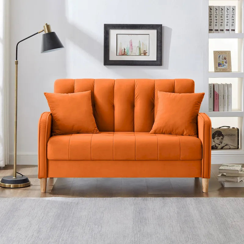 Modernes Design Sofa für das Wohnzimmer, kleiner Zweisitzer, glatter Samtbezug, getuftet, Beige