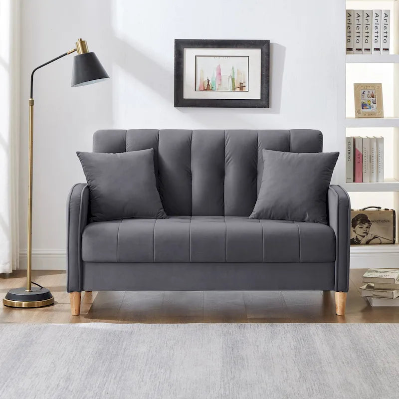Modernes Design Sofa für das Wohnzimmer, kleiner Zweisitzer, glatter Samtbezug, getuftet, Beige