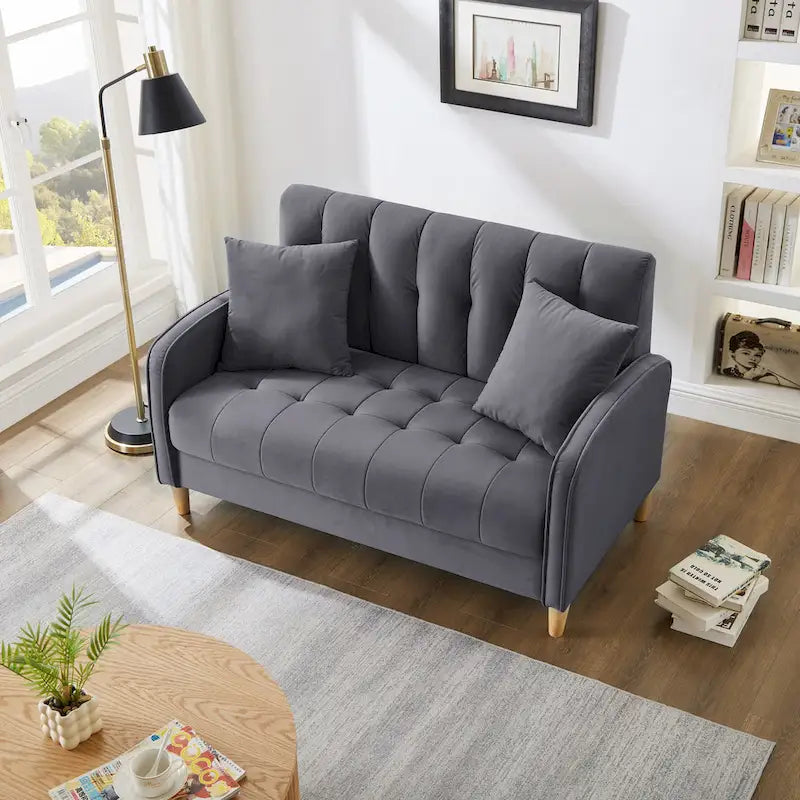 Modernes Design Sofa für das Wohnzimmer, kleiner Zweisitzer, glatter Samtbezug, getuftet, Beige