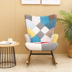 Mid-Century Schaukelstuhl aus Stoff mit Holzbeinen und Patchwork-Leinen