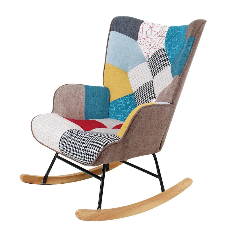 Mid-Century Schaukelstuhl aus Stoff mit Holzbeinen und Patchwork-Leinen