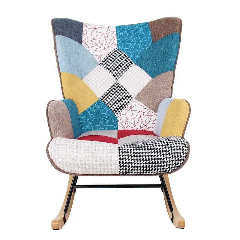 Mid-Century Schaukelstuhl aus Stoff mit Holzbeinen und Patchwork-Leinen