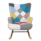 Mid-Century Schaukelstuhl aus Stoff mit Holzbeinen und Patchwork-Leinen