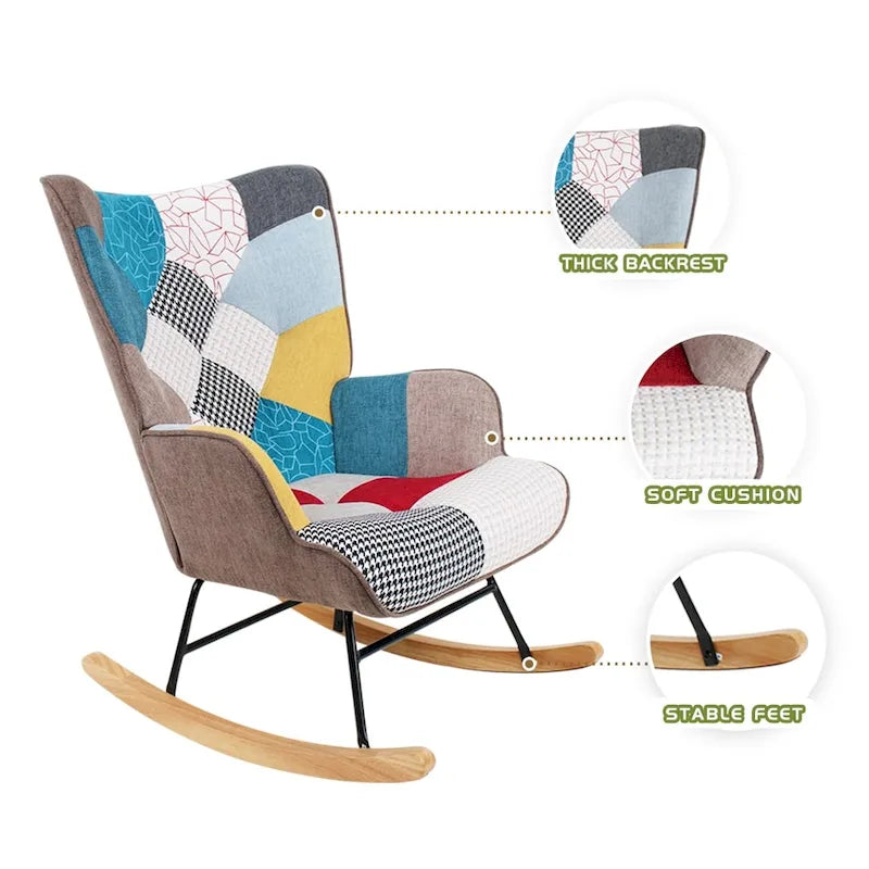 Mid-Century Schaukelstuhl aus Stoff mit Holzbeinen und Patchwork-Leinen