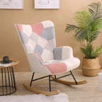 Mid-Century Schaukelstuhl aus Stoff mit Holzbeinen und Patchwork-Leinen