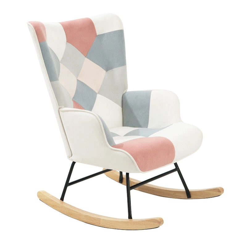 Mid-Century Schaukelstuhl aus Stoff mit Holzbeinen und Patchwork-Leinen
