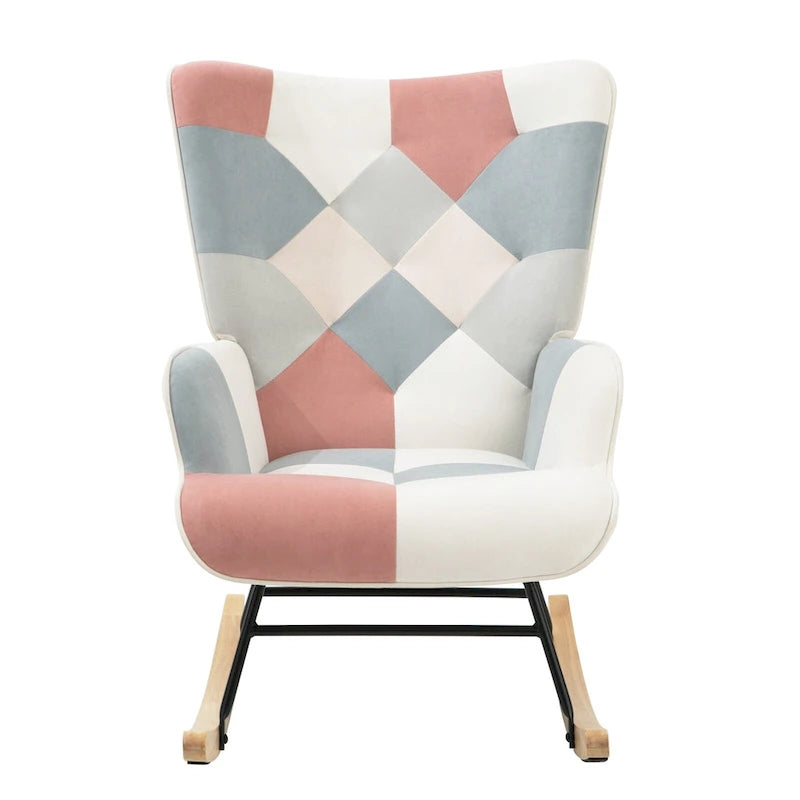 Mid-Century Schaukelstuhl aus Stoff mit Holzbeinen und Patchwork-Leinen