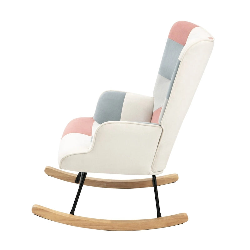 Mid-Century Schaukelstuhl aus Stoff mit Holzbeinen und Patchwork-Leinen