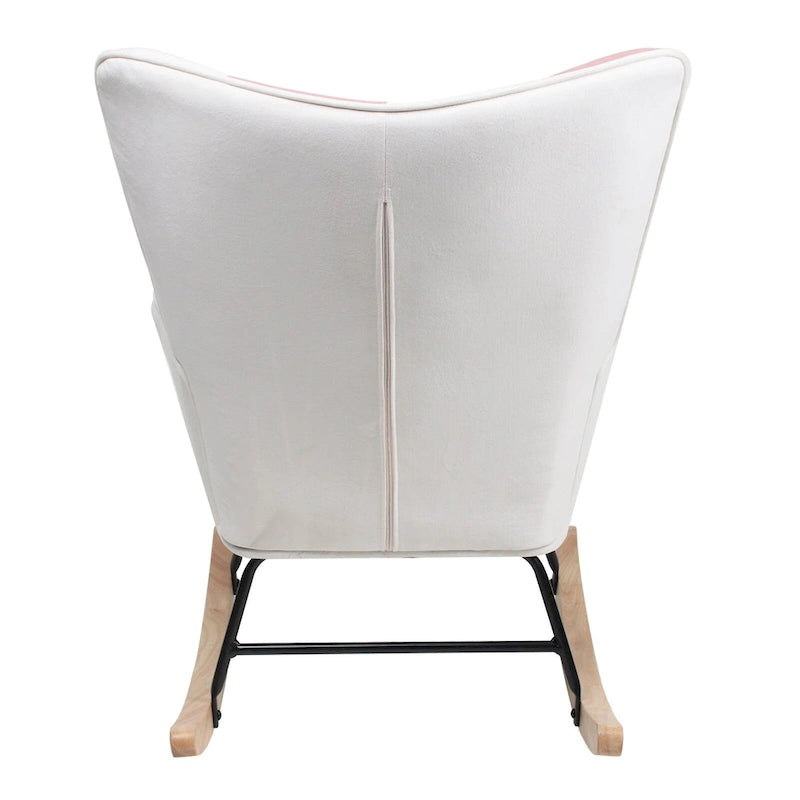 Mid-Century Schaukelstuhl aus Stoff mit Holzbeinen und Patchwork-Leinen