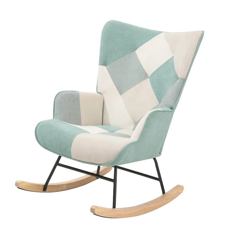 Mid-Century Schaukelstuhl aus Stoff mit Holzbeinen und Patchwork-Leinen