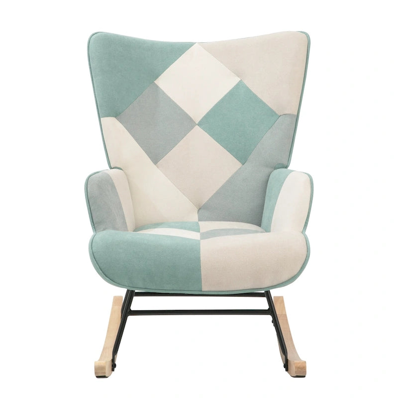 Mid-Century Schaukelstuhl aus Stoff mit Holzbeinen und Patchwork-Leinen