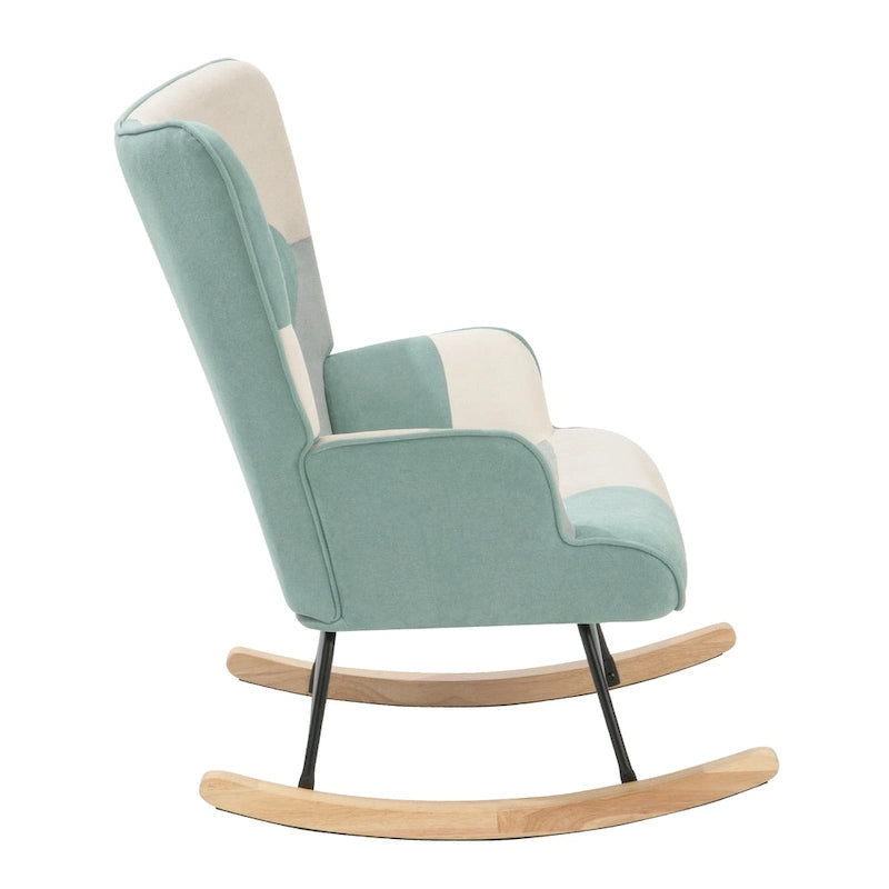 Mid-Century Schaukelstuhl aus Stoff mit Holzbeinen und Patchwork-Leinen