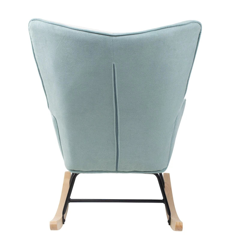 Mid-Century Schaukelstuhl aus Stoff mit Holzbeinen und Patchwork-Leinen