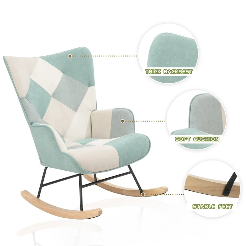 Mid-Century Schaukelstuhl aus Stoff mit Holzbeinen und Patchwork-Leinen