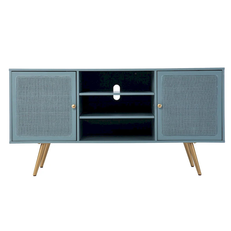TV Stand with Rattan Cabinet Doors for TVs up to 56 Inches - Mint / Gold