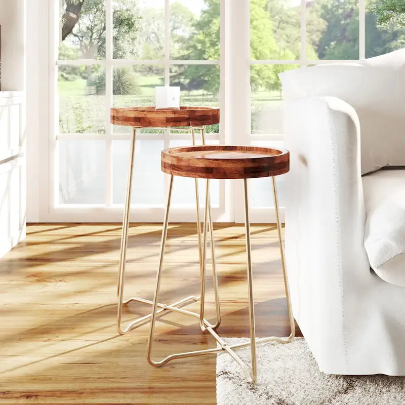 Gold Iron And Natural Wood Round Accent Table by 