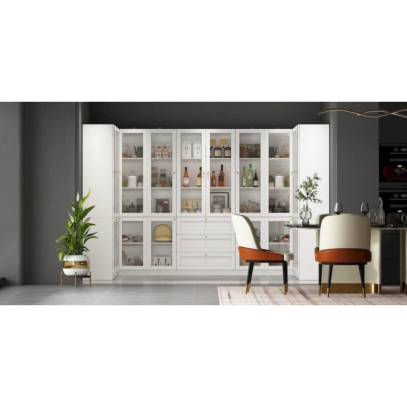Pantry Storage Cabinet with Drawers and Glass Doors