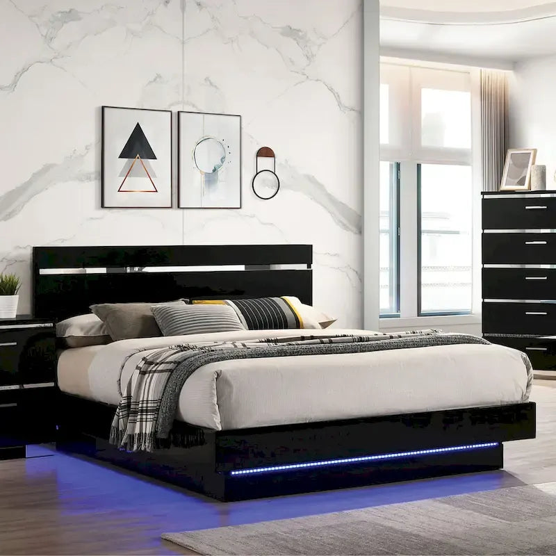 Benvolio Contemporary Black LED Light Platform Bed by 
