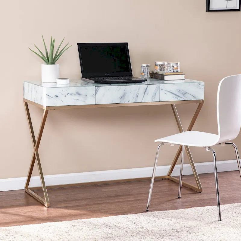  Kewen Glam White Stone Writing Desk