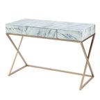 Glass Top Writing Desk with Gold Frame and Storage Drawer