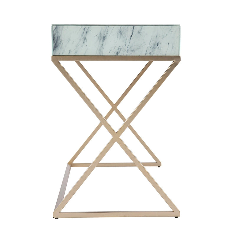 Glass Top Writing Desk with Gold Frame and Storage Drawer