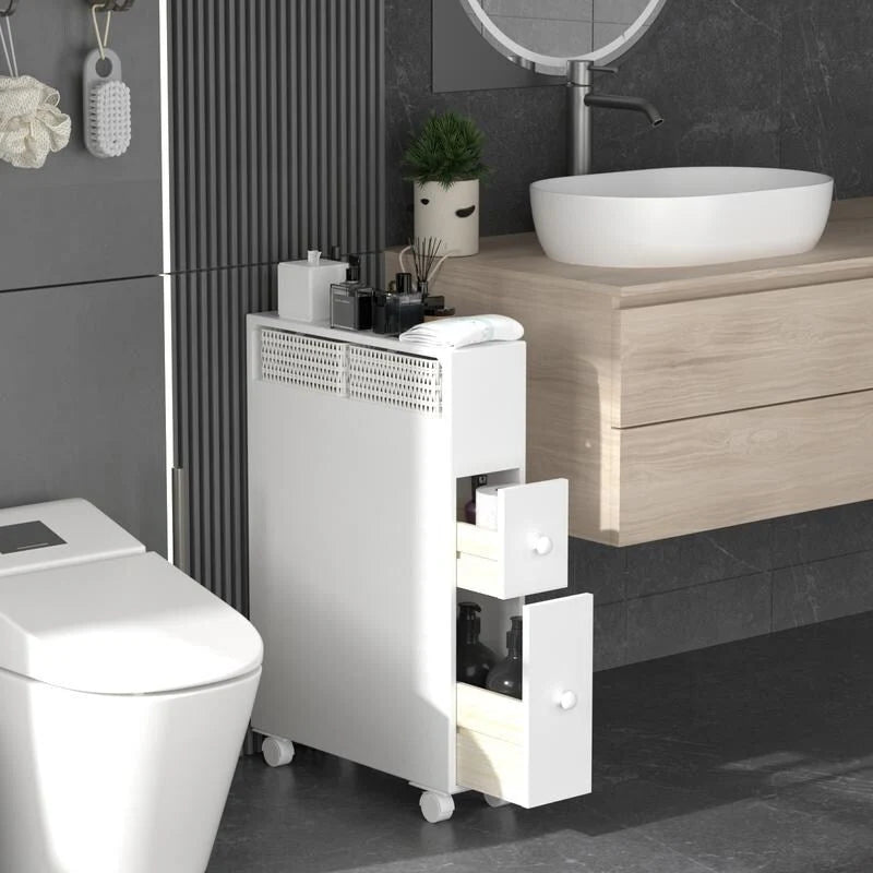 Freestanding Bathroom Storage Cabinet with Drawers and Casters
