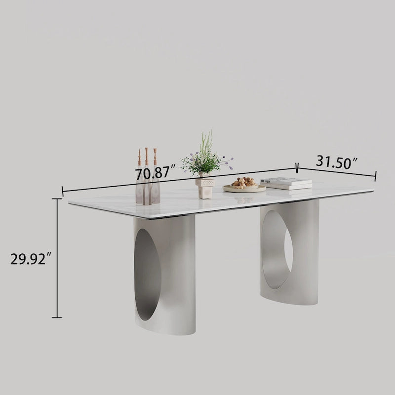 0,47" dicker Esstisch mit Tischplatte aus gesintertem Stein-Verbundwerkstoff und gehärtetem Glas sowie Edelstahlfuß
