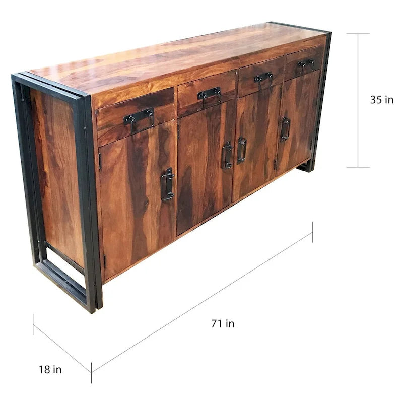 Sideboard aus Sheeshamholz und Eisen mit 4 Türen und 4 Schubladen – 71 x 18 x 35