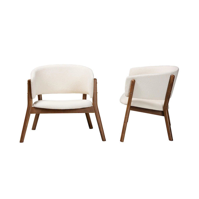 Mid-Century Modern Cream Boucle Fabric Upholstered and Walnut Brown Finished Wood 2-Piece Living Room Accent Chair Set