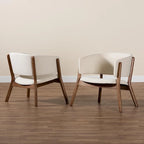 Mid-Century Modern Cream Boucle Fabric Upholstered and Walnut Brown Finished Wood 2-Piece Living Room Accent Chair Set