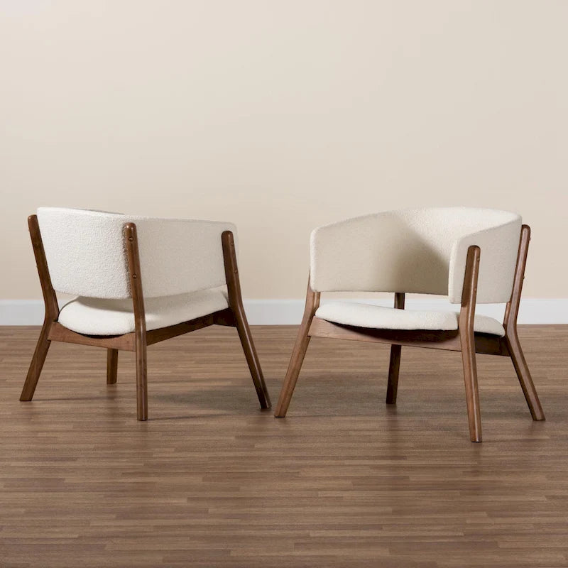 Mid-Century Modern Cream Boucle Fabric Upholstered and Walnut Brown Finished Wood 2-Piece Living Room Accent Chair Set