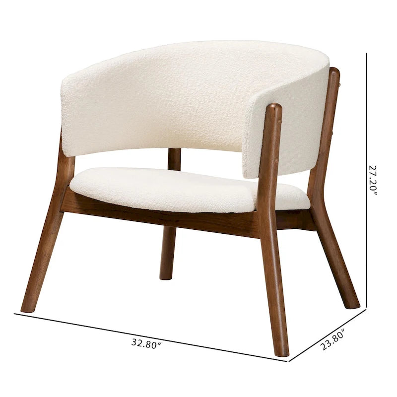 Mid-Century Modern Cream Boucle Fabric Upholstered and Walnut Brown Finished Wood 2-Piece Living Room Accent Chair Set