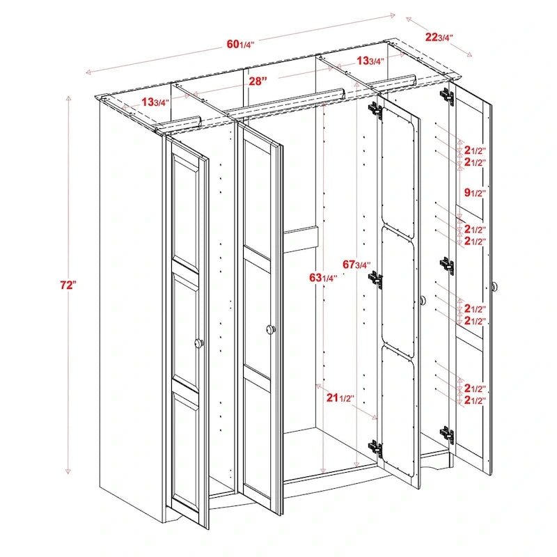 100% Solid Wood 4-Door Wardrobe Armoire
