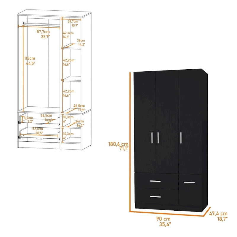 Tall Bedroom Wardrobe with 4 Doors, 2 Drawers & Hanging Rod