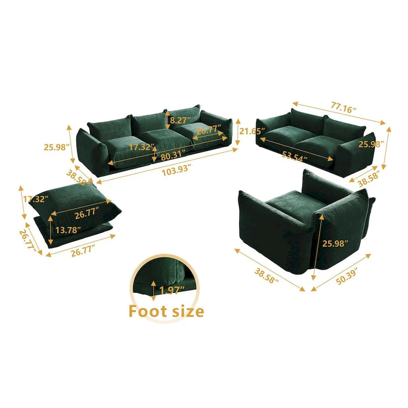 3-Piece Chenille Sofa Set with Ottoman – Armchair, Loveseat & 3-Seater Couch